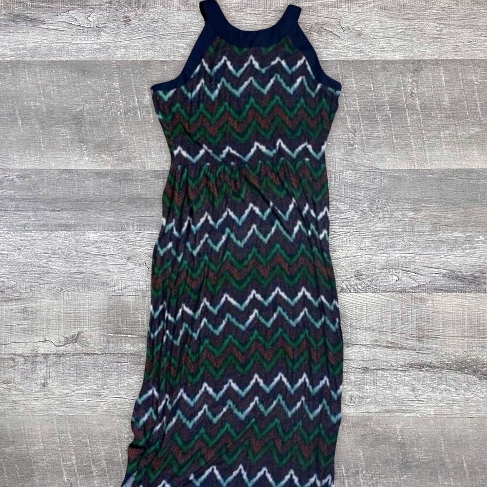 ANA Sleeveless Maxi Dress Womens M High Neck Empire Waist Navy Green Chevron